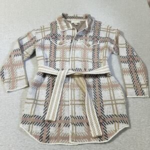 By Design Cardigan Jacket Womens Small Plaid Sweater Knit Shacket Belted Cozy
